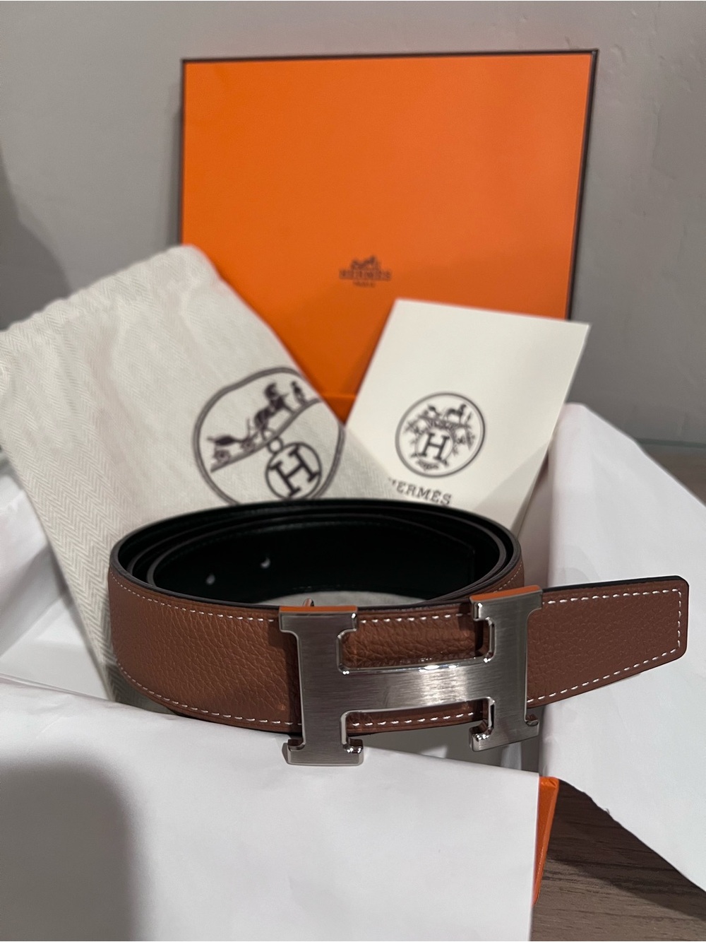 Hermes Brown/ Black Reversible Leather H-Buckle Belt size 90